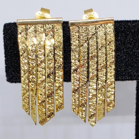 Vintage 14k Herringbone Chain Floral Pattern Chevron Dangle Italy Earrings - Picture 4 of 13